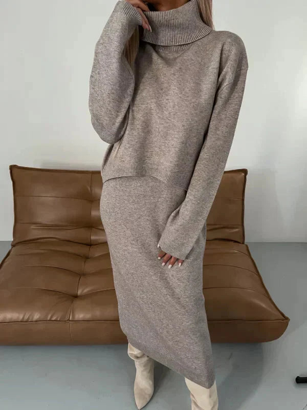 Stickat Tvådelat Set - Stickad Klänning - Turtleneck-tröja - Stickat Tvådelat Set - Damkläder