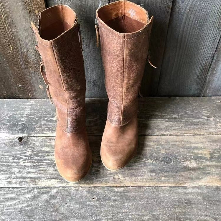 Stövlar med klack – Bruna läderstövlar med dragkedja för kvinnor, halvhöga