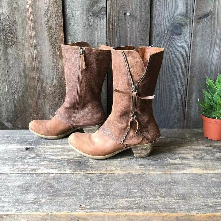 Stövlar med klack – Bruna läderstövlar med dragkedja för kvinnor, halvhöga
