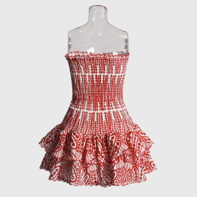 Strapless Klänning - Shirred - Ruffle - Miniklänning - Sommarklänning