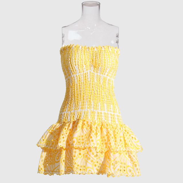 Strapless Klänning - Shirred - Ruffle - Miniklänning - Sommarklänning
