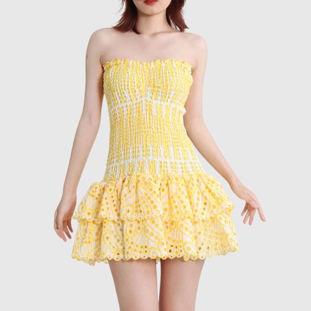 Strapless Klänning - Shirred - Ruffle - Miniklänning - Sommarklänning