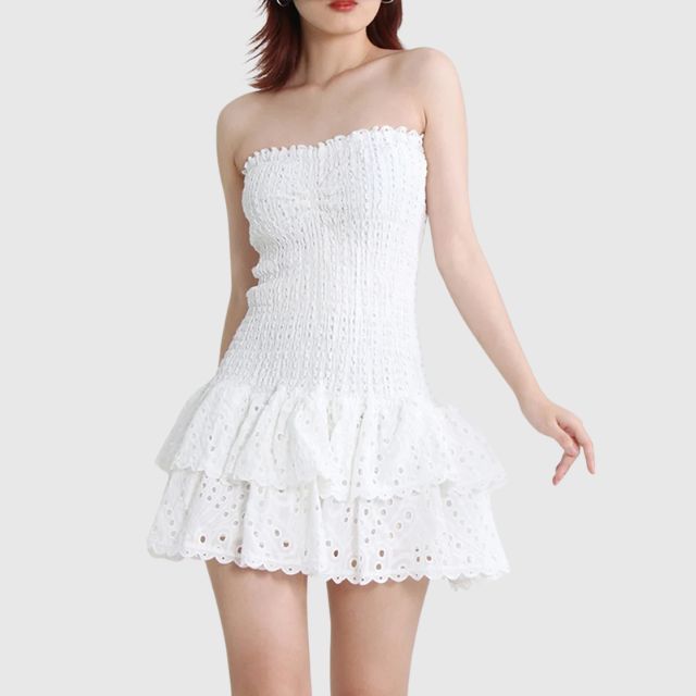Strapless Klänning - Shirred - Ruffle - Miniklänning - Sommarklänning