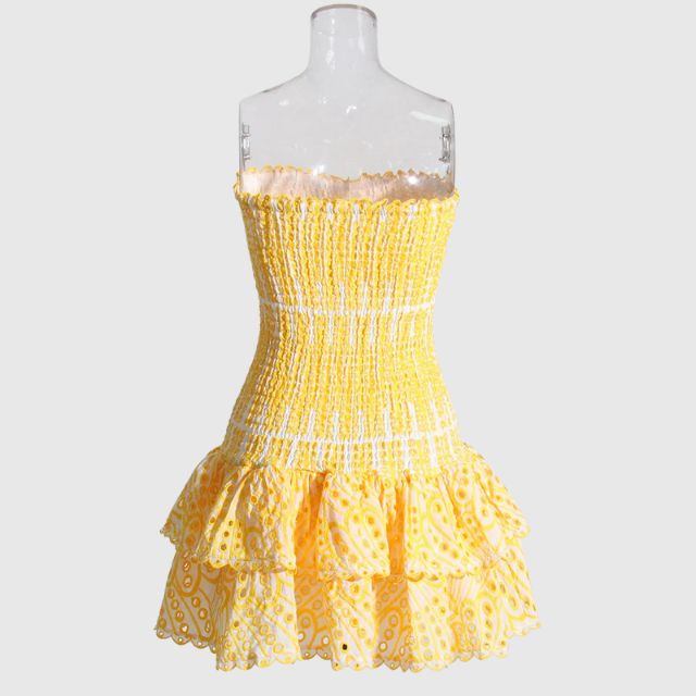 Strapless Klänning - Shirred - Ruffle - Miniklänning - Sommarklänning
