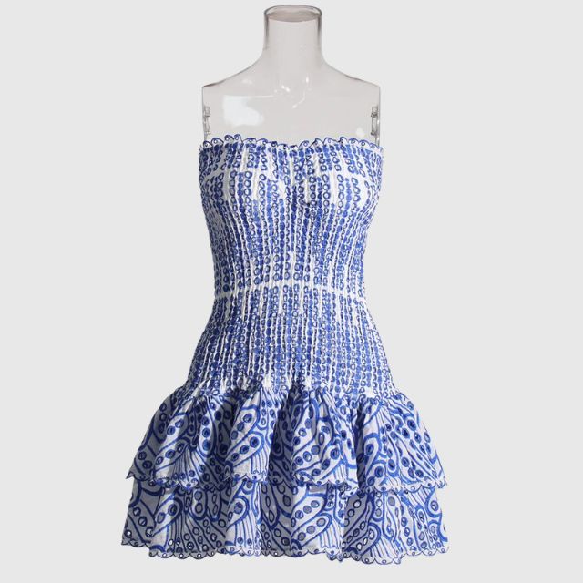 Strapless Klänning - Shirred - Ruffle - Miniklänning - Sommarklänning