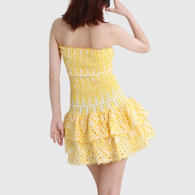 Strapless Klänning - Shirred - Ruffle - Miniklänning - Sommarklänning