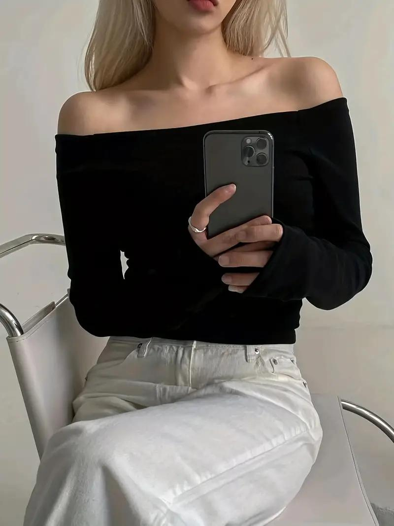 Dam Off-shoulder Topp i Svart med Långa Ärmar