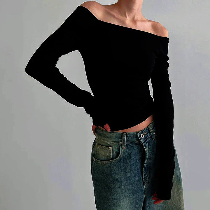 Dam Off-shoulder Topp i Svart med Långa Ärmar
