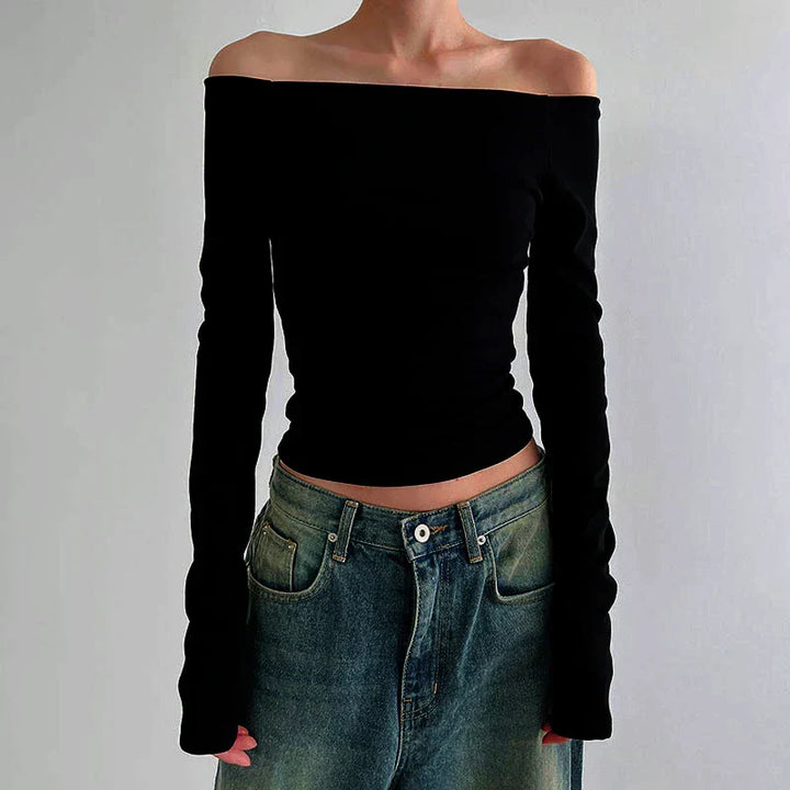 Dam Off-shoulder Topp i Svart med Långa Ärmar