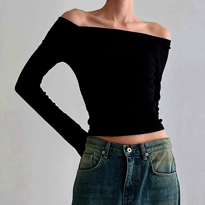 Dam Off-shoulder Topp i Svart med Långa Ärmar