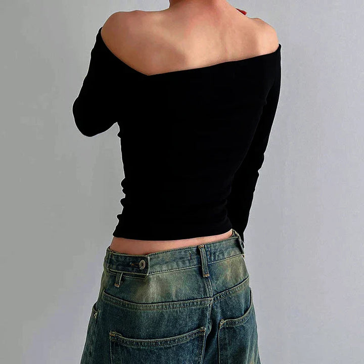 Dam Off-shoulder Topp i Svart med Långa Ärmar
