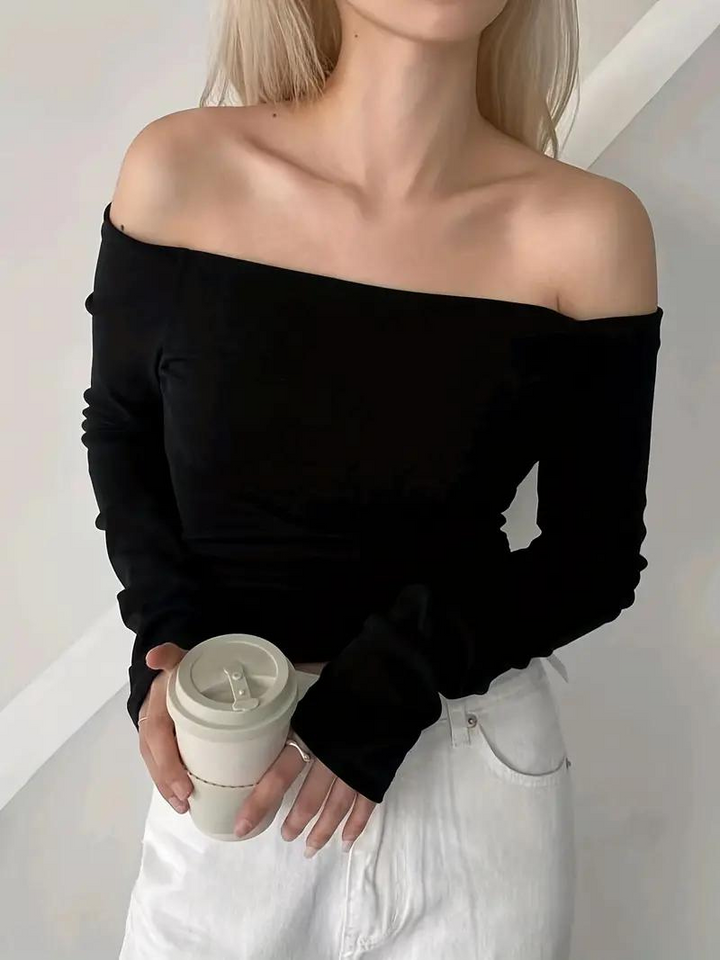 Dam Off-shoulder Topp i Svart med Långa Ärmar