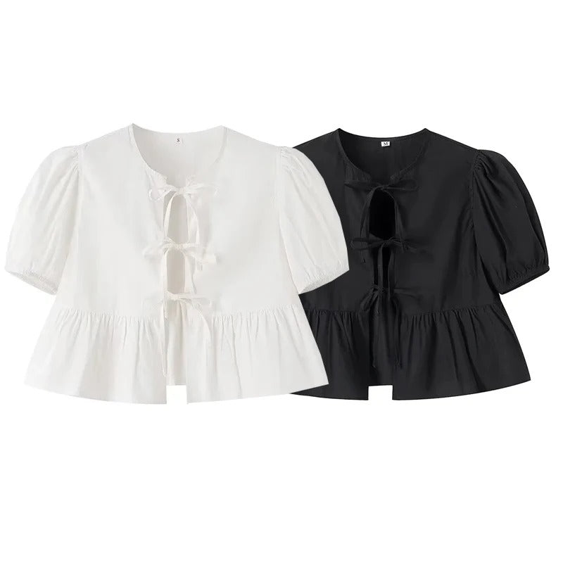 Kvinnors Ruffle Crop Top med Framtid Rosett i Svart/Vit