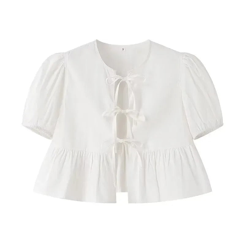Kvinnors Ruffle Crop Top med Framtid Rosett i Svart/Vit