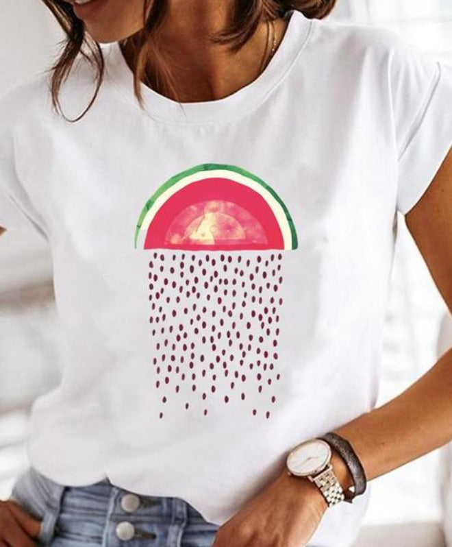 T-shirt - Vit T-shirt med Rund hals och tryck för Kvinnor