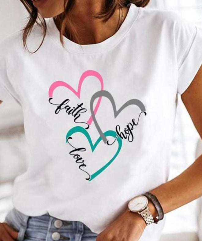 T-shirt - Vit T-shirt med Rund hals och tryck för Kvinnor
