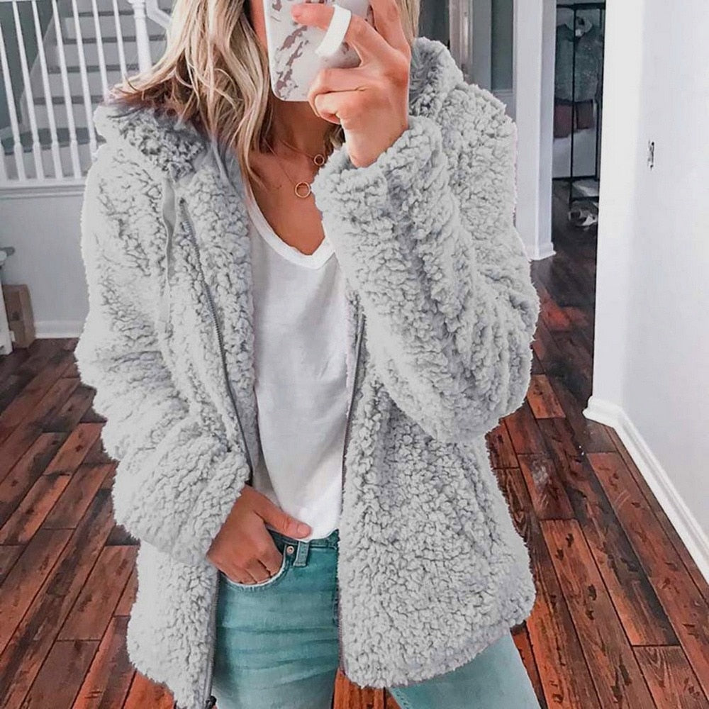 Teddy Cardigan - Zip-Up - Vinter - Fluffig Cardigan - Fleecejacka för kvinnor