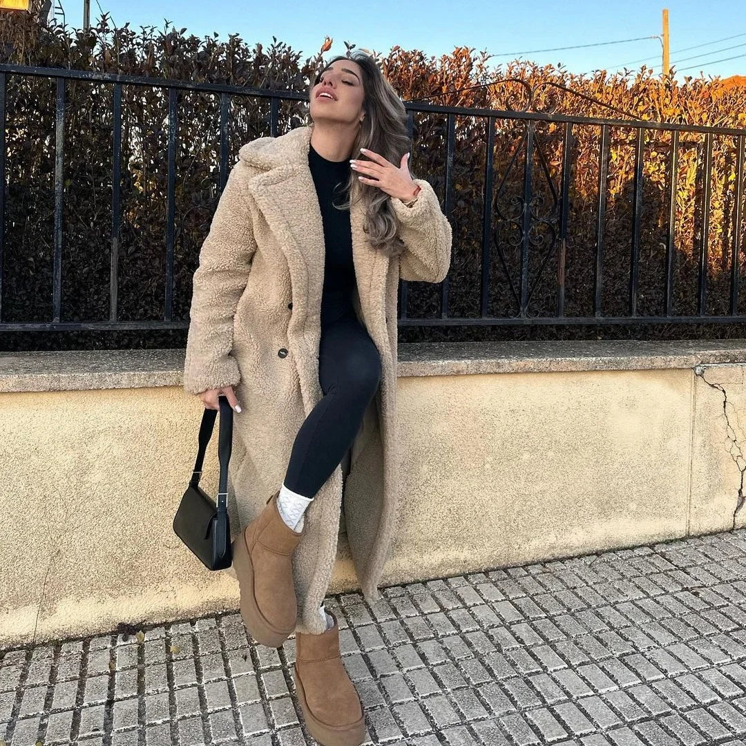 Teddy Coat | Dubbelknäppt | Fuskpäls | Vinterjacka | Lång överrock Dam