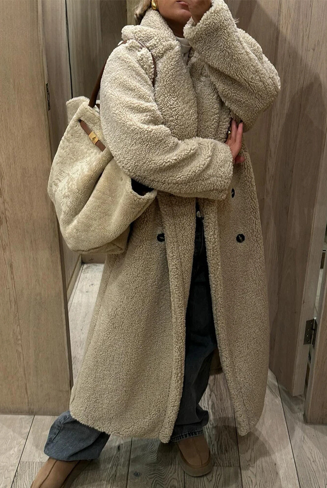 Teddy Coat | Dubbelknäppt | Fuskpäls | Vinterjacka | Lång överrock Dam