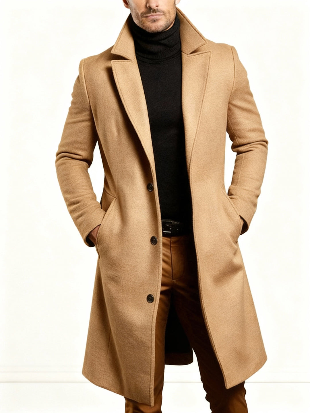 Trench Coat - Klassisk lång enkelknäppt trenchcoat i ull för män