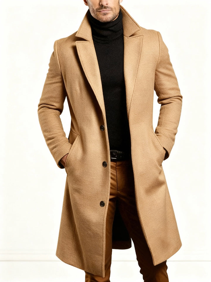Trench Coat - Klassisk lång enkelknäppt trenchcoat i ull för män