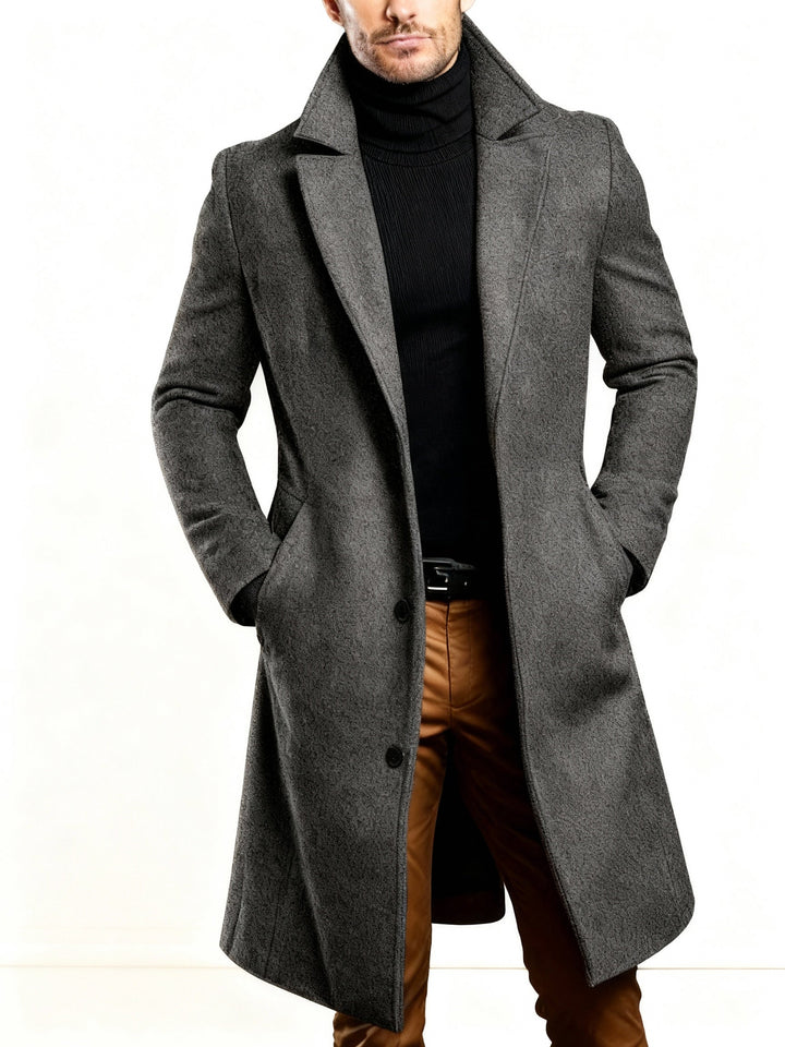 Trench Coat - Klassisk lång enkelknäppt trenchcoat i ull för män