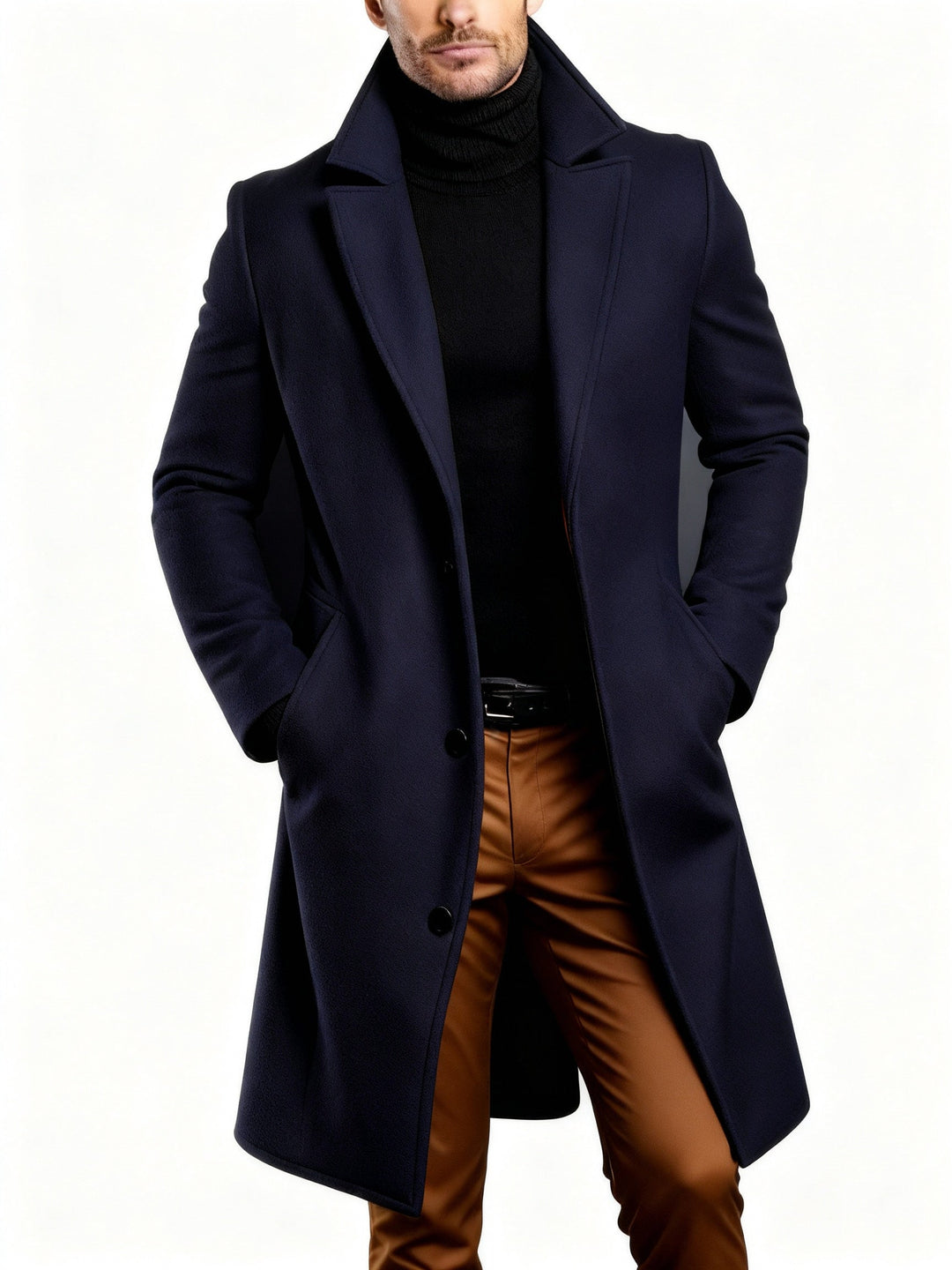 Trench Coat - Klassisk lång enkelknäppt trenchcoat i ull för män