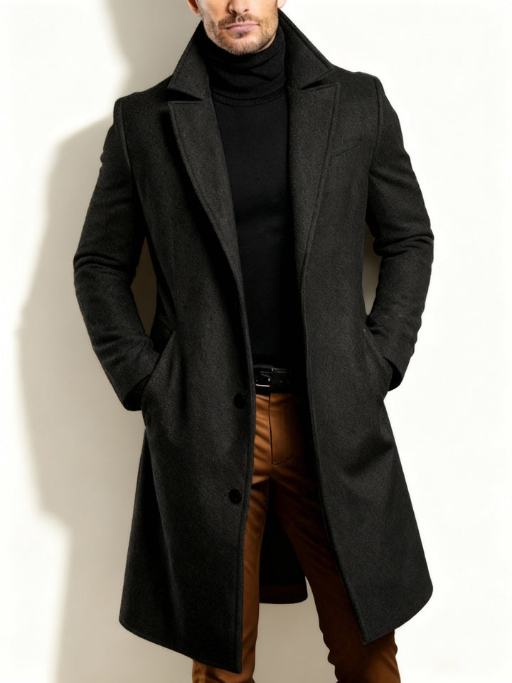 Trench Coat - Klassisk lång enkelknäppt trenchcoat i ull för män