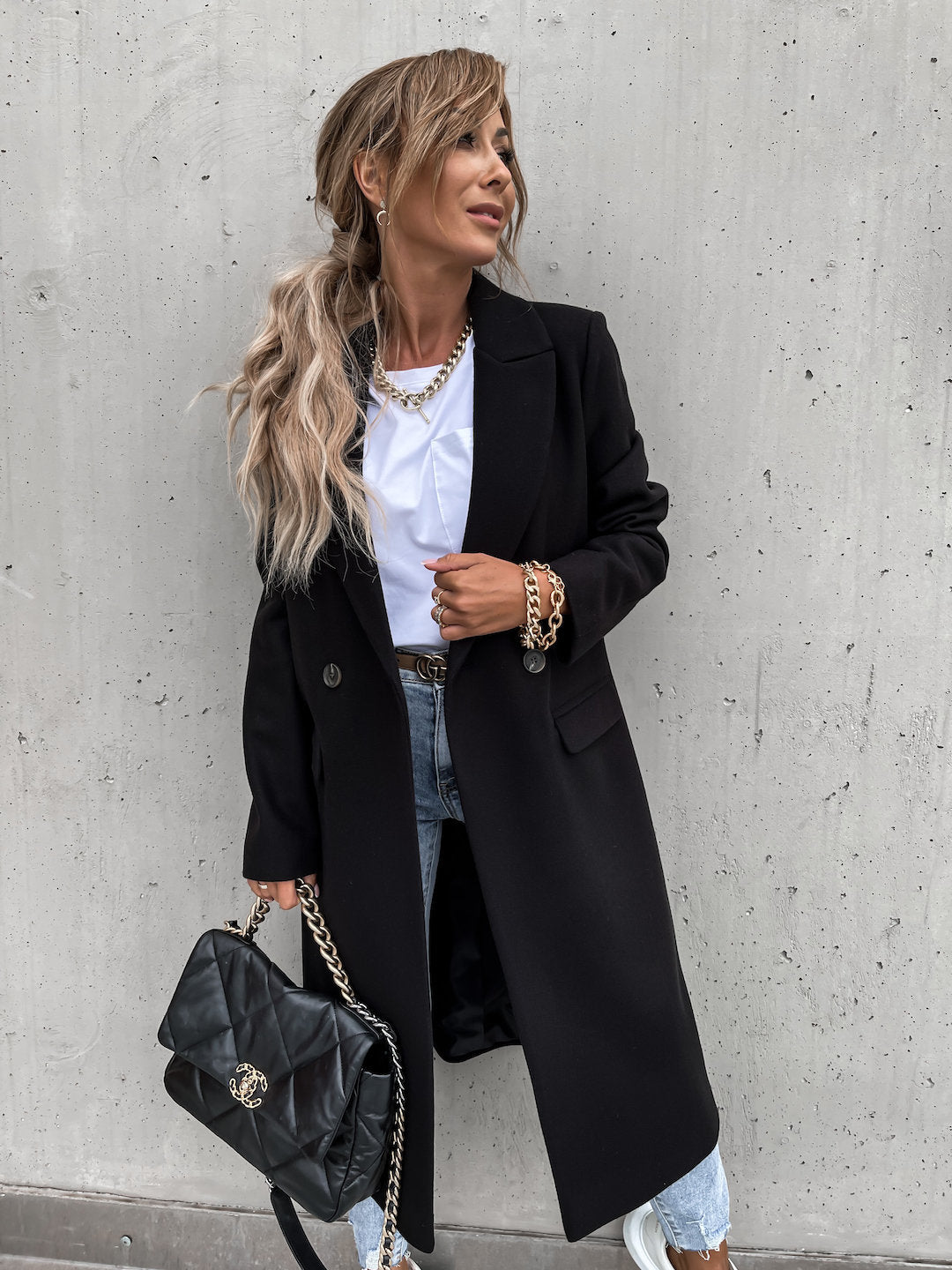 Trenchcoat i ull - Lång dubbelknäppt ullblandad kappa för kvinnor