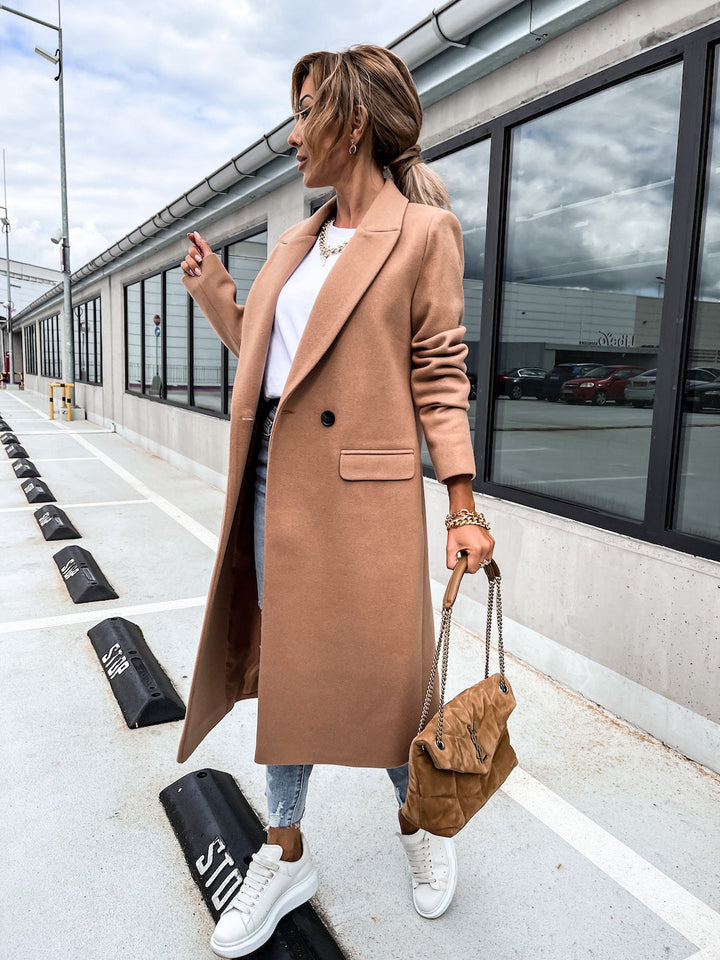 Trenchcoat i ull - Lång dubbelknäppt ullblandad kappa för kvinnor
