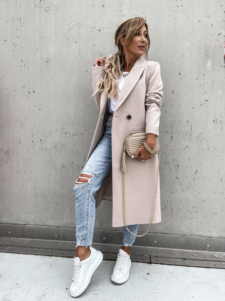Trenchcoat i ull - Lång dubbelknäppt ullblandad kappa för kvinnor