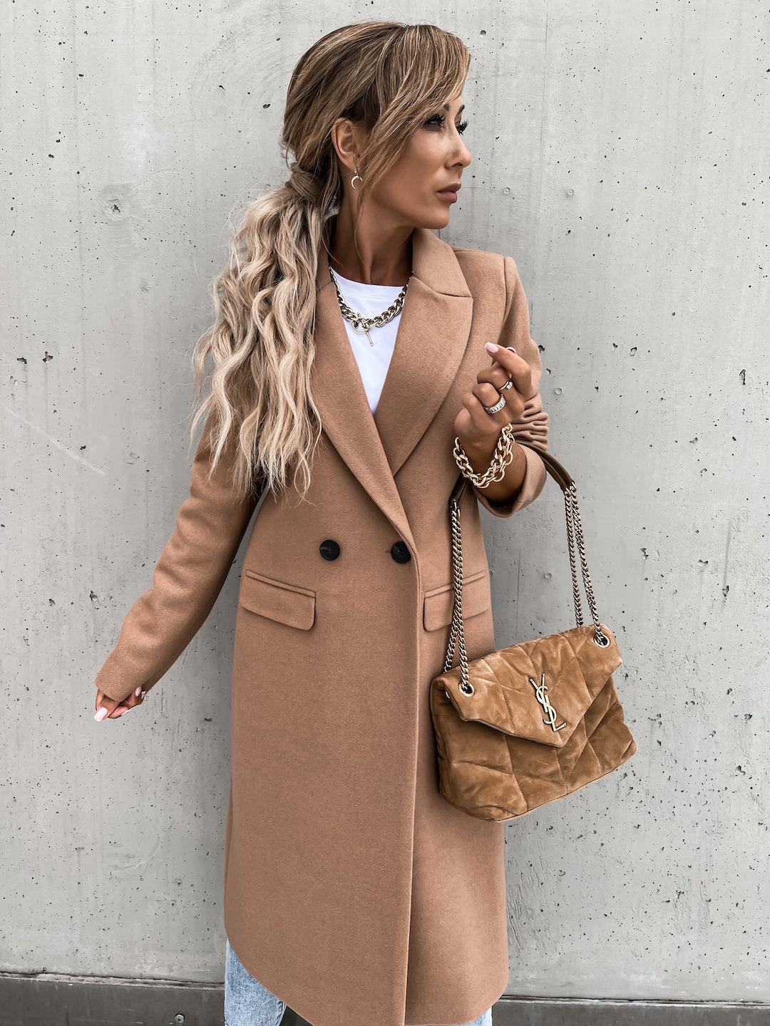 Trenchcoat i ull - Lång dubbelknäppt ullblandad kappa för kvinnor