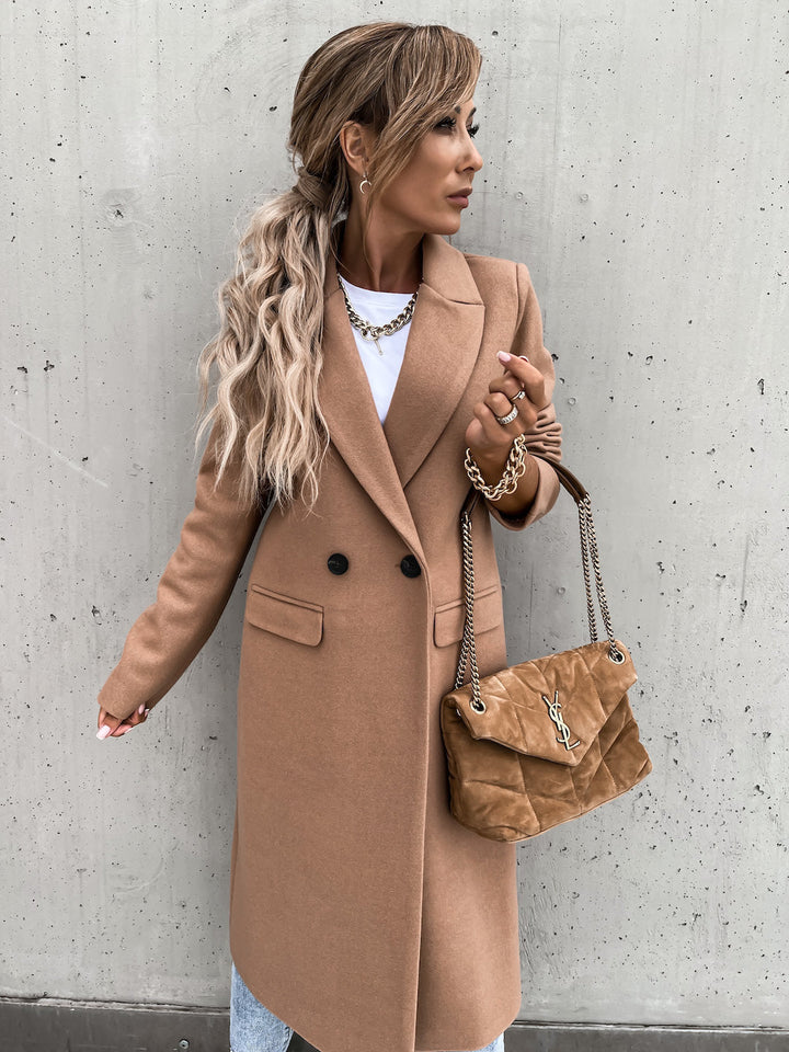 Trenchcoat i ull - Lång dubbelknäppt ullblandad kappa för kvinnor
