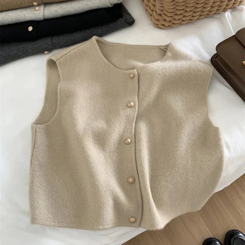 Tröja Vest - Ärmlös stickad gilet med knappar för kvinnor