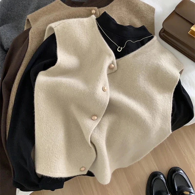 Tröja Vest - Ärmlös stickad gilet med knappar för kvinnor