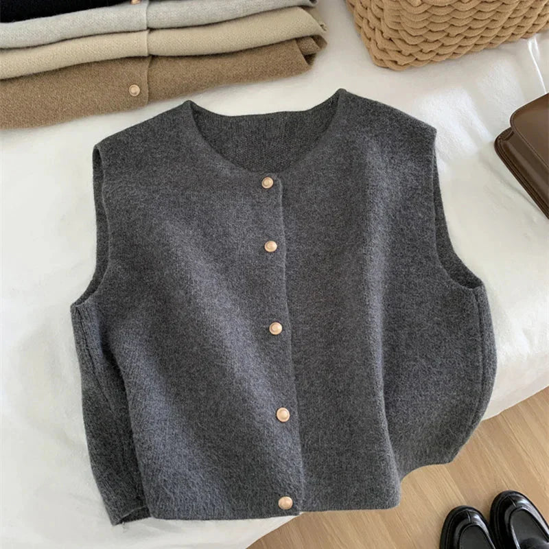 Tröja Vest - Ärmlös stickad gilet med knappar för kvinnor