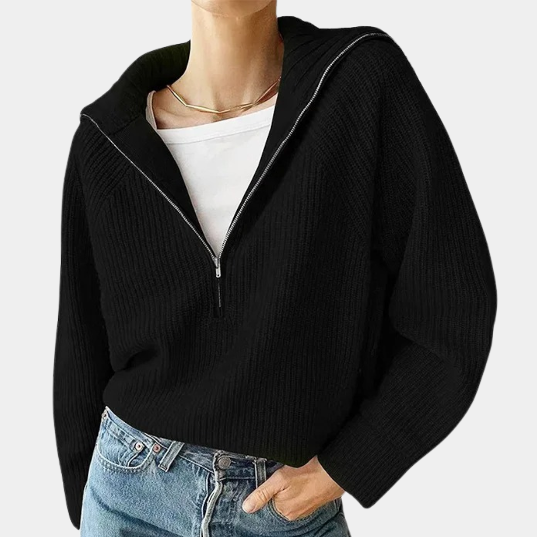 Tröja med halv dragkedja - Loose Fit - V-ringad - Stickad tröja - Vinterkläder för kvinnor