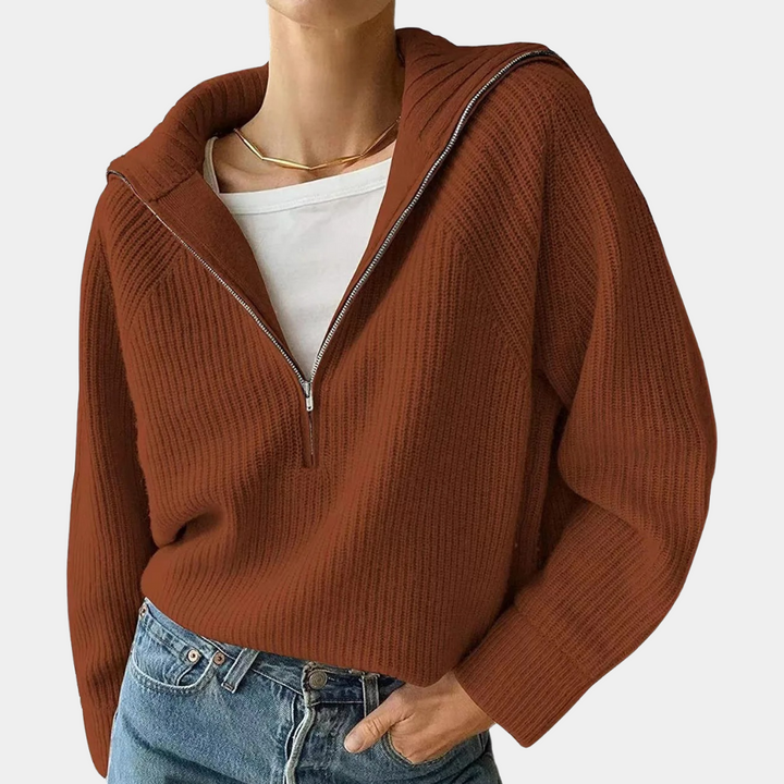 Tröja med halv dragkedja - Loose Fit - V-ringad - Stickad tröja - Vinterkläder för kvinnor