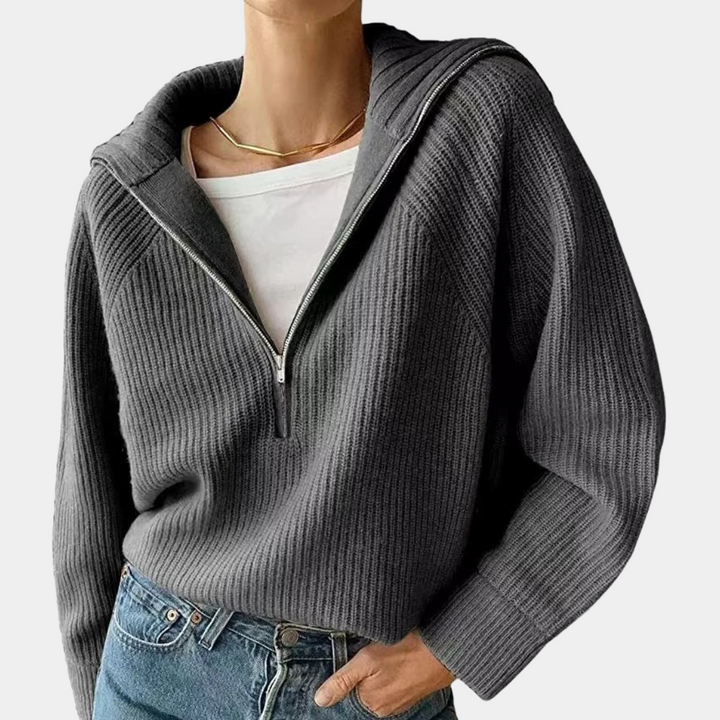 Tröja med halv dragkedja - Loose Fit - V-ringad - Stickad tröja - Vinterkläder för kvinnor