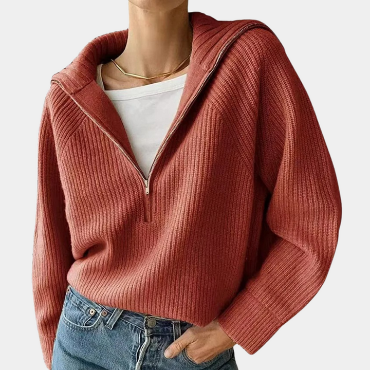 Tröja med halv dragkedja - Loose Fit - V-ringad - Stickad tröja - Vinterkläder för kvinnor
