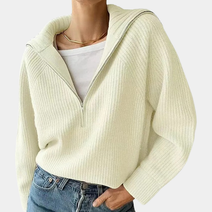 Tröja med halv dragkedja - Loose Fit - V-ringad - Stickad tröja - Vinterkläder för kvinnor