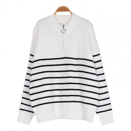 Tröja med halv dragkedja - Stickad - Randig - Pullover - Damstickat