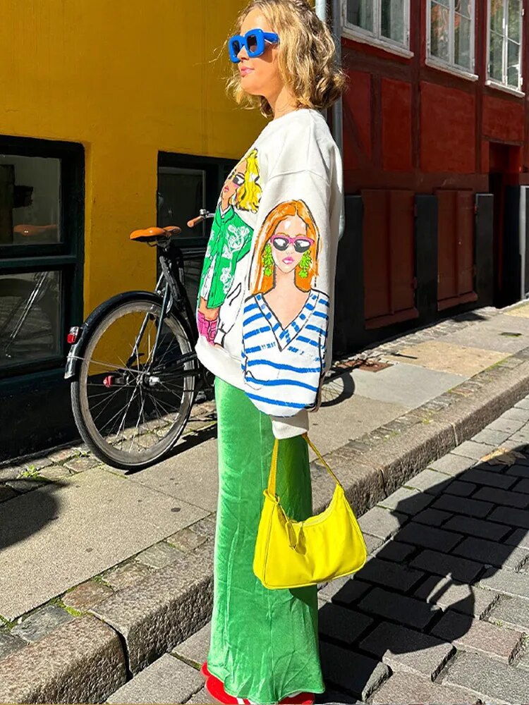 Tryckt sweatshirt - Mysig - Pullover - Överdimensionerad sweatshirt - Damkläder