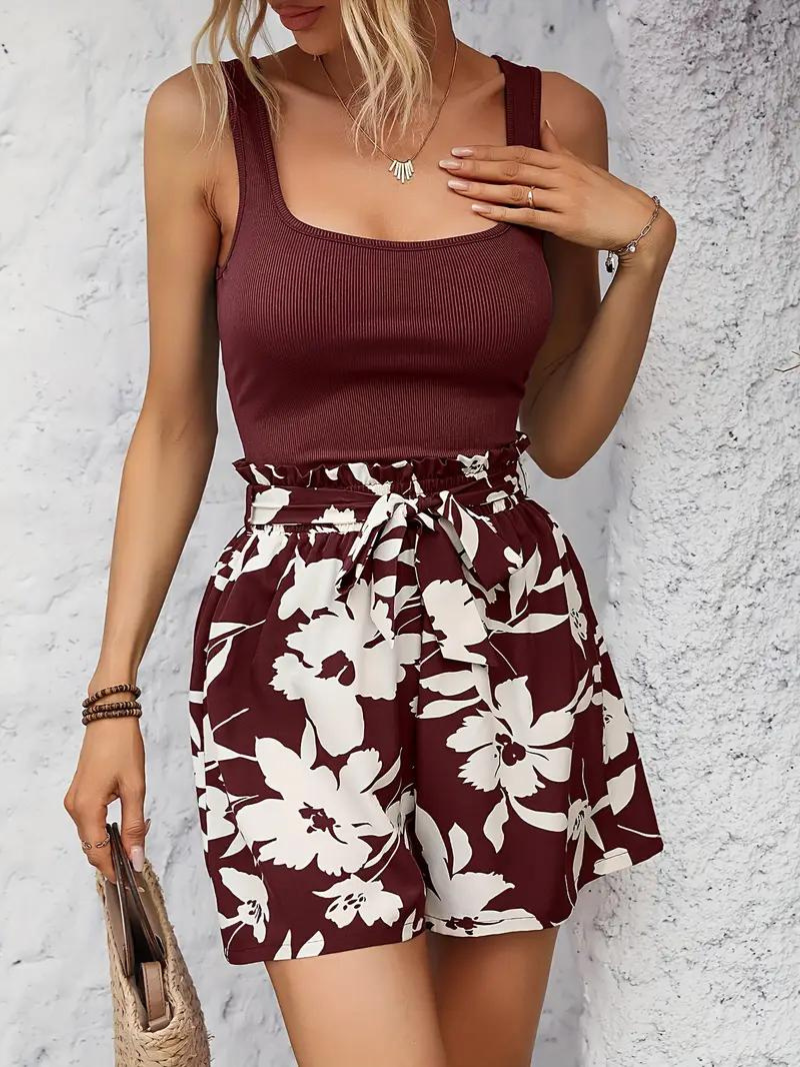 Tvådelat Set, Blommigt, Bälte, Linne, Shorts Med Hög Midja