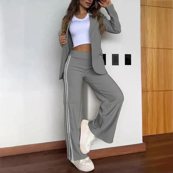 Tvådelat set - Casual Blazer och byxor med vida ben för kvinnor - Co-Ord Set