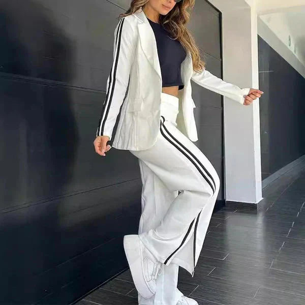 Tvådelat set - Casual Blazer och byxor med vida ben för kvinnor - Co-Ord Set