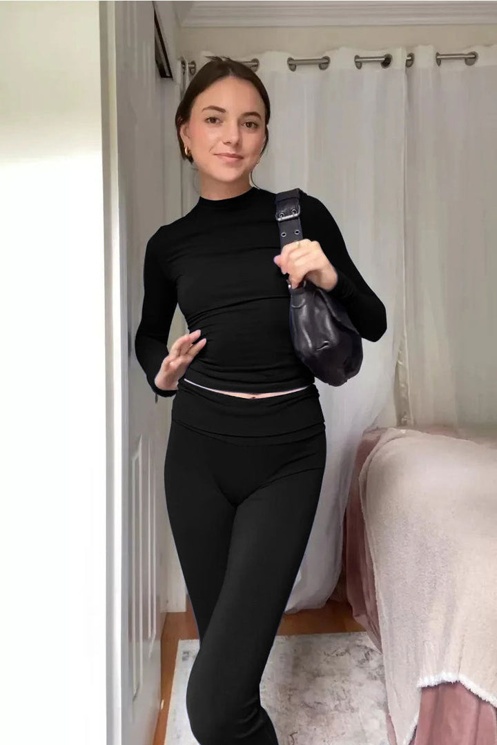Tvådelat set - Elastisk t-shirt och utsvängda byxor med hög midja för kvinnor Lounge-set