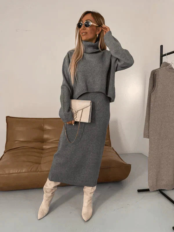 Tvådelat set i trikå - Turtleneck - Långärmad - Set med kjol och topp i trikå - Damkläder