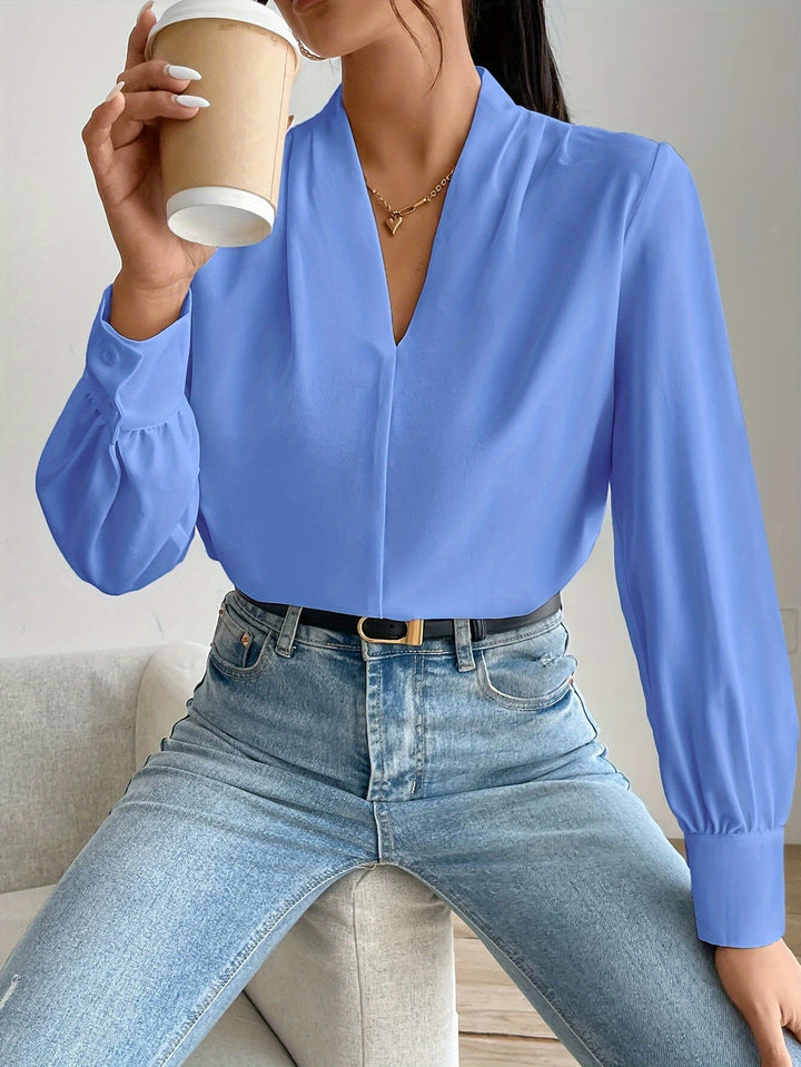 V-ringad Blus - Elegant för kvinnor - Lanternärm - Långärmade toppar - Blus för kvinnor