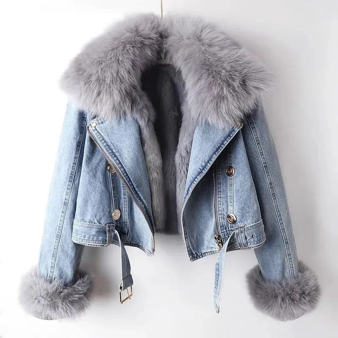 Vinter Denim Jacka | Faux Fur | Zip-Up | Kort Vinterjacka | Vinterjackor Dam